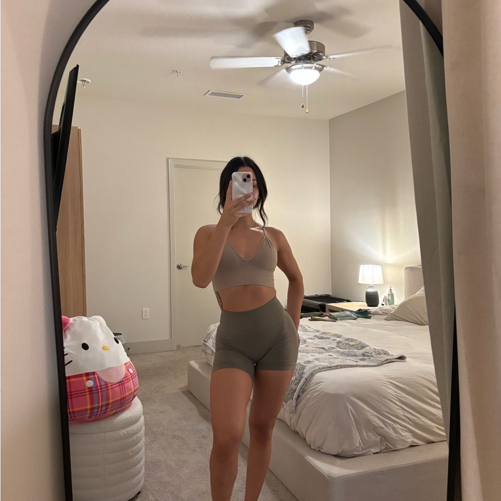 Alphalete Women's Athletic Shorts and Matching Crop Top in Taupe